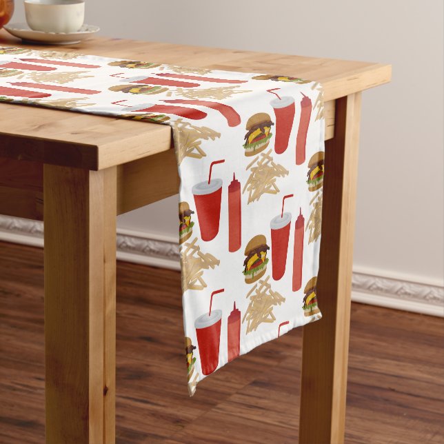 Fast Food Burger Fries Pattern BBQ Short Table Runner (In Situ)