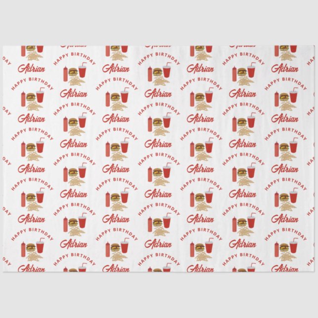 Fast Food Burger Fries Pattern Birthday Name Tissue Paper (Front)