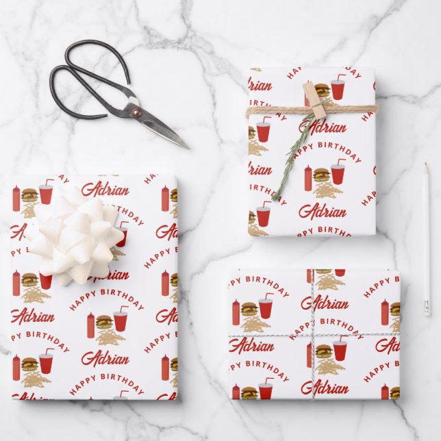 Fast Food Burger Fries Pattern Birthday Name Wrapping Paper Sheet (Front)