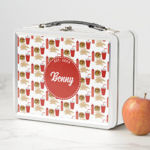 Fast Food Burger Fries Pattern Monogram Metal Lunch Box