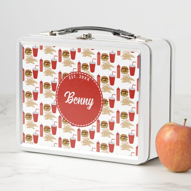 Fast Food Burger Fries Pattern Monogram Metal Lunch Box (In Situ)