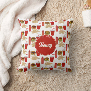 Fast Food Burger Fries Pattern Monogram Throw Pillow