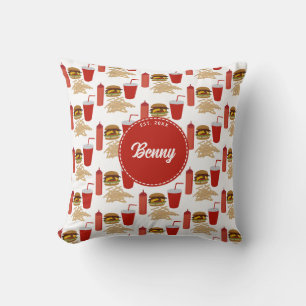 Fast Food Burger Fries Pattern Monogram Throw Pillow