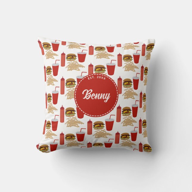 Fast Food Burger Fries Pattern Monogram Throw Pillow (Front)