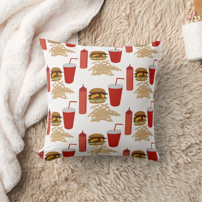 Fast Food Burger Fries Pattern Throw Pillow (Blanket)