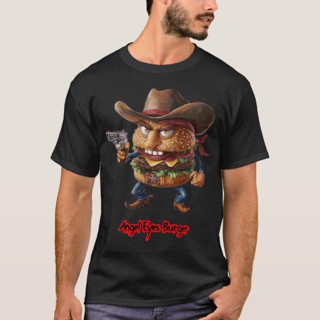 Fast food Burger on a Black T-Shirt (Front)