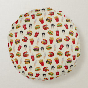 Fast Food Burgers, Fries, Sundaes Round Pillow