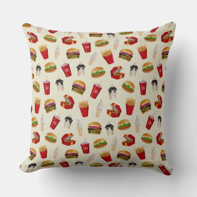 Fast Food Burgers, Fries, Sundaes Throw Pillow (Front)