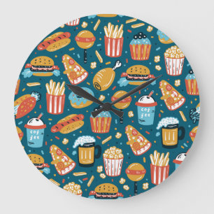 Fast Food Icons: Vintage Doodles Large Clock