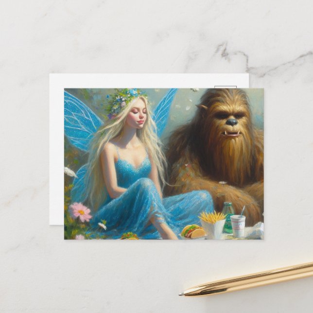 Fast Food Picnic With Sasquatch and the Fairy Postcard (Front/Back In Situ)