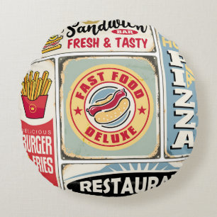 Fast food restaurants and diners retro signs colle round pillow