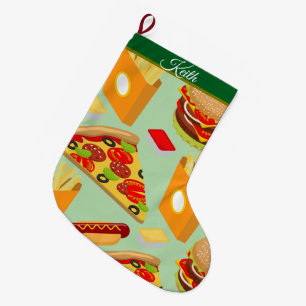 Fast Food Themed Christmas Pizza Burger Colourful Large Christmas Stocking