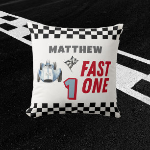 Fast One 1st birthday Boy Racing Car  Throw Pillow