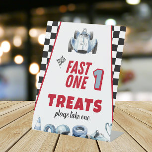 Fast One 1st birthday Boy Racing Car Treats Pedestal Sign