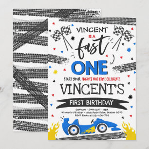 Fast One 1st Birthday Party Blue Race Car Fast One Invitation