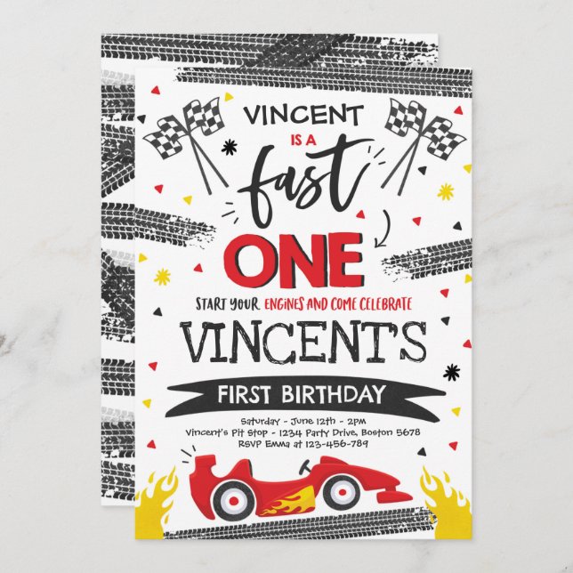 Fast One 1st Birthday Party Red Race Car Fast One Invitation (Front/Back)