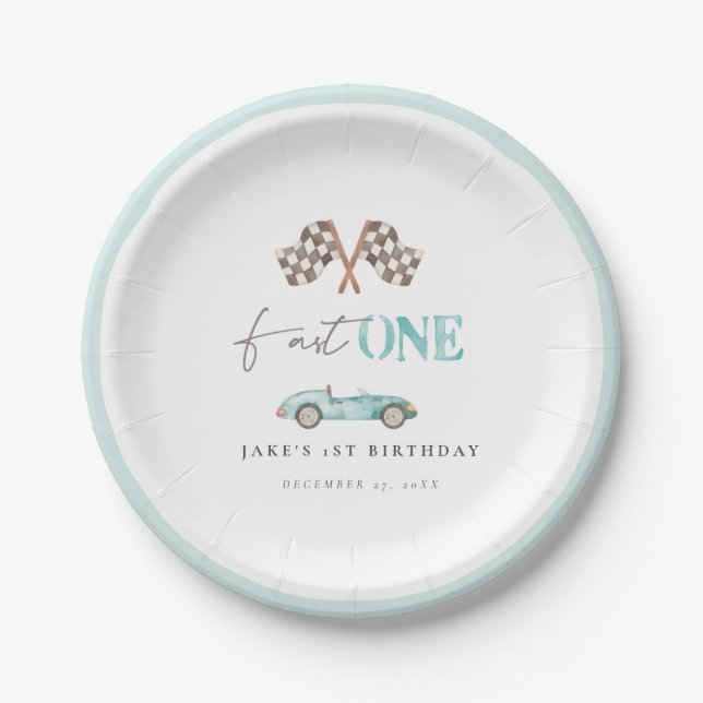 Fast ONE Baby Blue Retro Race Car Paper Plates (Front)