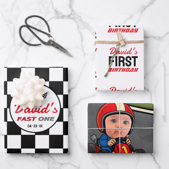 Fast ONE | Black White Race Car Flags Birthday  Wrapping Paper Sheet (Front)