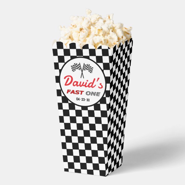 Fast ONE | Black White Race Car Flags Popcorn Favor Box (Popped)