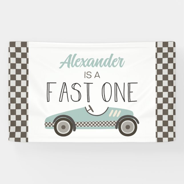 Fast One Blue Race Car 1st Birthday Banner (Horizontal)