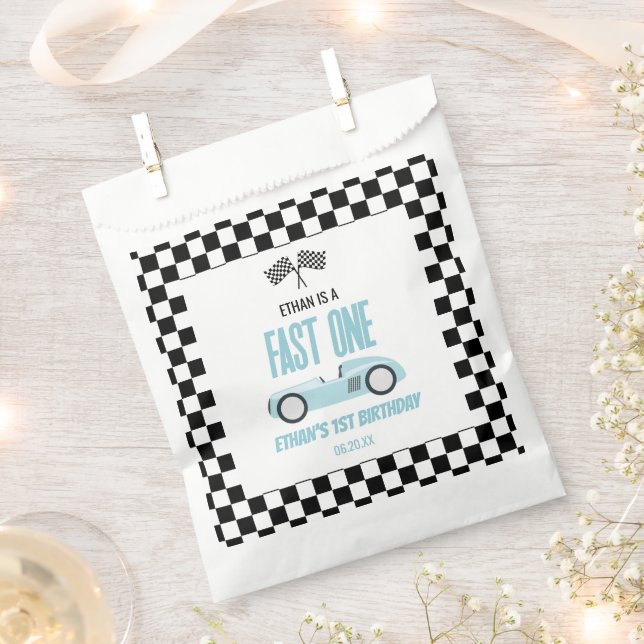 Fast One Blue Race Car 1st Birthday Party Favour Bag (Clipped)