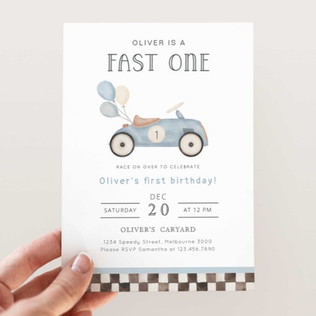 Fast One Blue Race Car & Balloons 1st Birthday Invitation (Creator Uploaded)