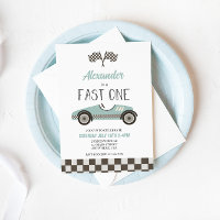 Fast One blue Race Car Birthday Invitation