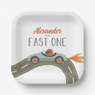 Fast One blue Race Car Birthday Paper Plate