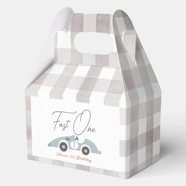 Fast One Blue Race Car Boy 1st Birthday Favor Box (Front)