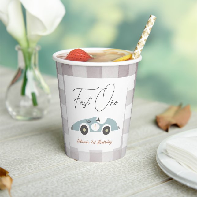 Fast One Blue Race Car Boy 1st Birthday Paper Cups (Insitu)