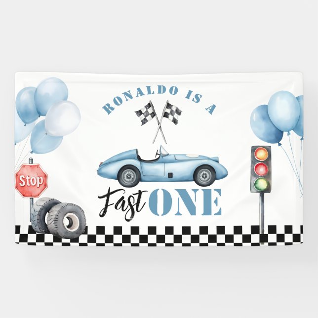 Fast One Blue race car Boy 1st Birthday Photo Banner (Horizontal)