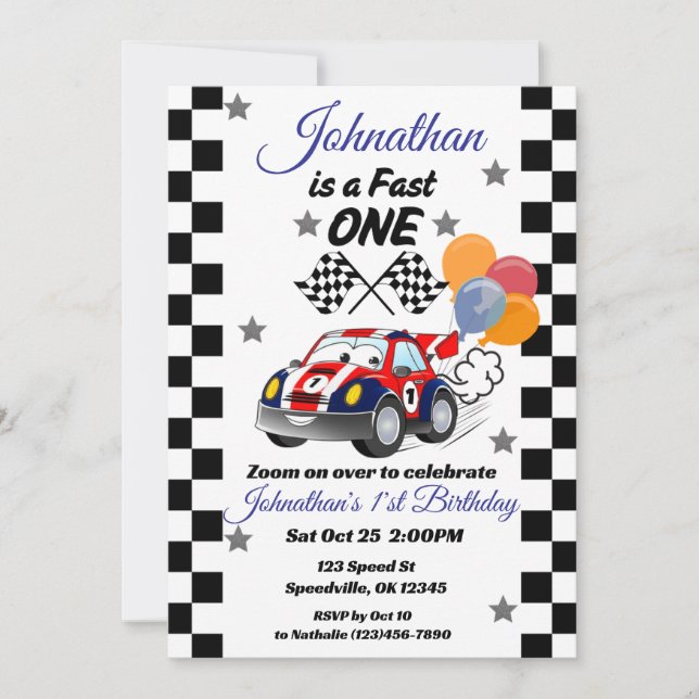 Fast One Boy's First Birthday Invitation Race Car (Front)