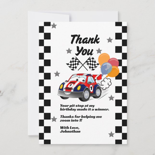 Fast One Boy's First Birthday Thank You Race Car (Front)