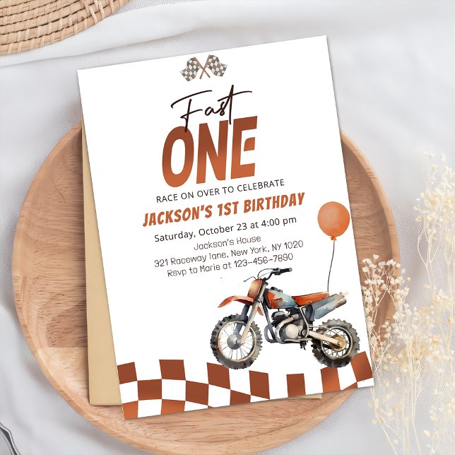 Fast One Dirt Bike Boy 1st Birthday Party Invitation (Creator Uploaded)