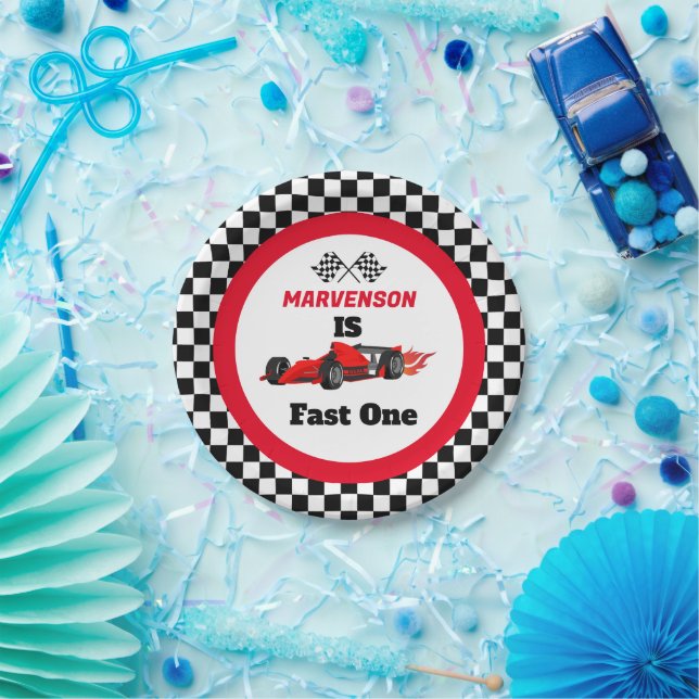 Fast One Fast  Race Car Boy First Birthday Party Paper Plate (Party)