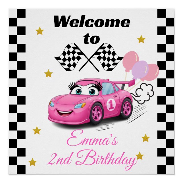 Fast One Girl's First Birthday Invitation Race Car Poster (Front)