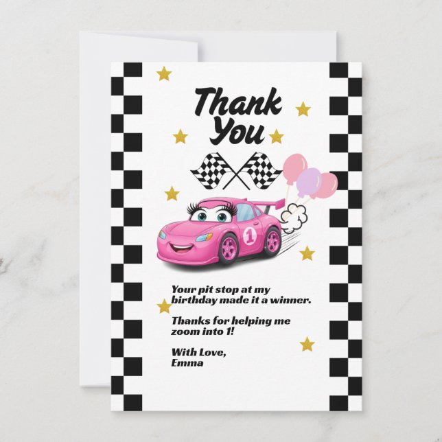 Fast One Girl's First Birthday Thank You Race Car (Front)