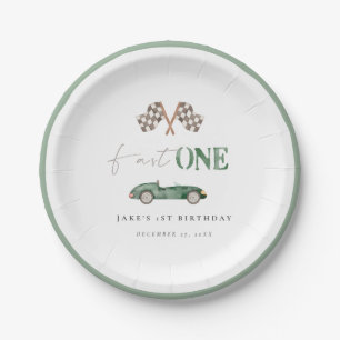 Fast ONE Green Retro Race Car Paper Plates