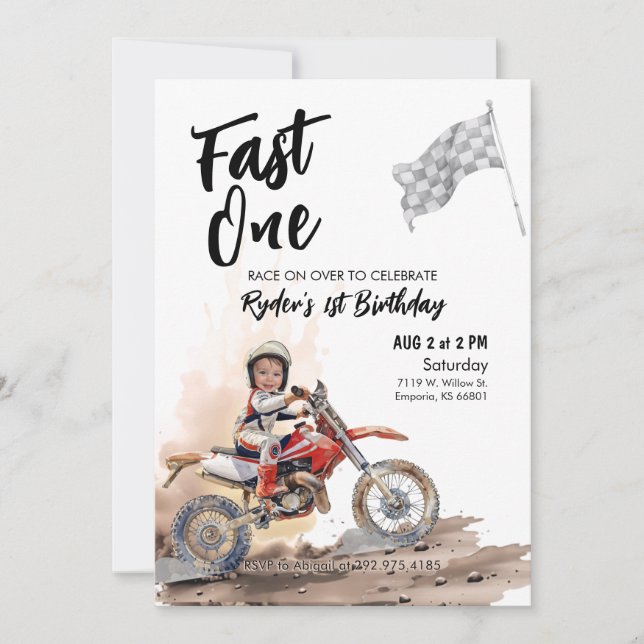 Fast One Little Racer 1st Birthday Photo Invite (Front)