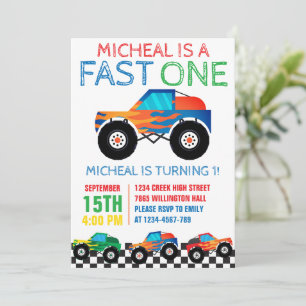 Fast One Monster Truck First Birthday  Invitation