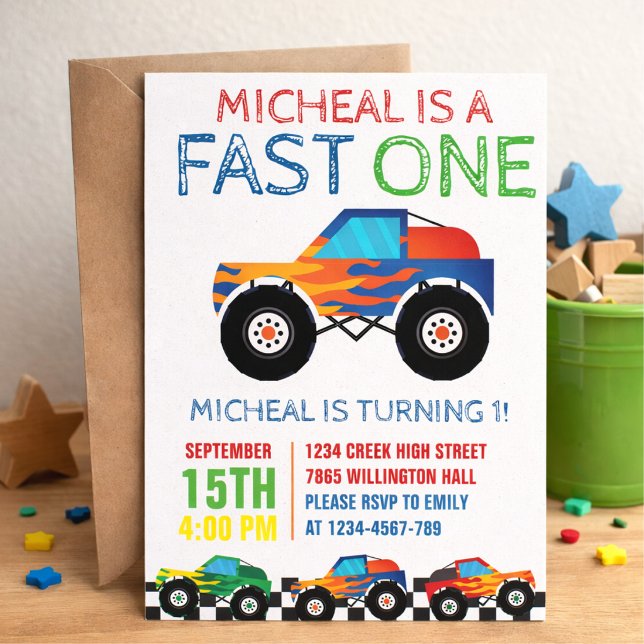 Fast One Monster Truck First Birthday  Invitation (Creator Uploaded)