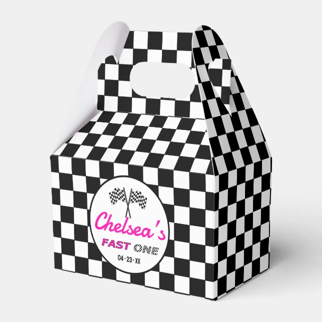 Fast ONE Pink Black White Race Car Flags Birthday Favor Box (Front Side)
