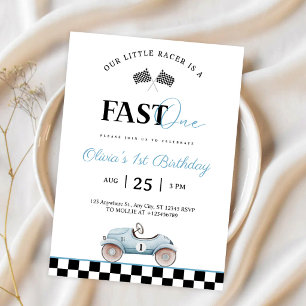 Fast ONE Race Blue Vintage Car 1st Birthday Invitation