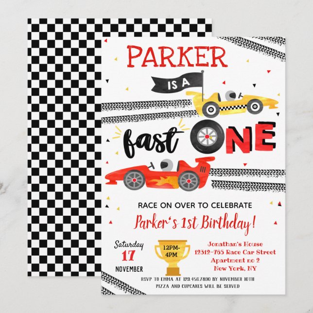 Fast One Race Car 1st Birthday Party Invitations  (Front/Back)