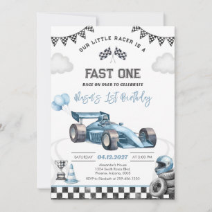 Fast One Race Car Blue First 1st Boy Birthday Invitation