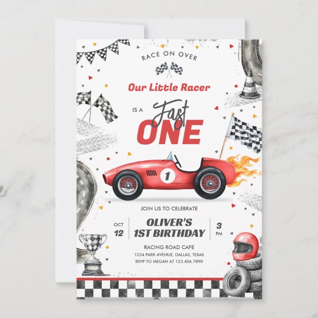 Fast One Race Car Boy 1st Birthday Invitation (Front)