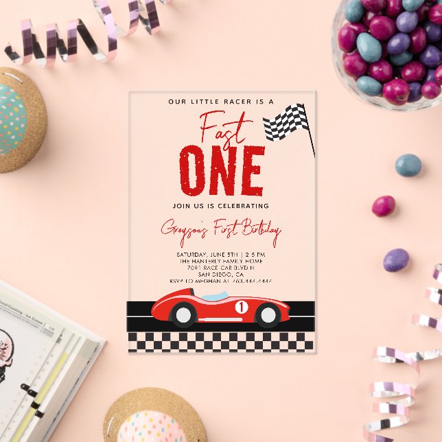 Fast One Race Car Boy 1st Birthday Party Acrylic Invitations (Insitu (Celebration))