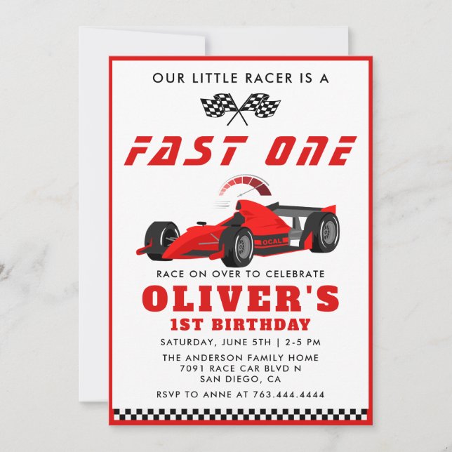 Fast One Race Car Boy 1st Birthday Party  Invitation (Front)