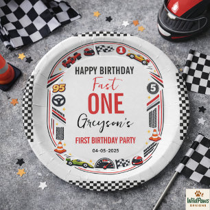 Fast One Race Car Boy 1st Birthday Party Paper Plate