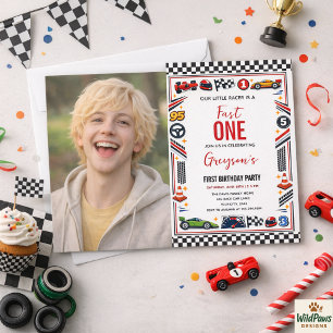 Fast One Race Car Boy 1st Birthday photo Invitation